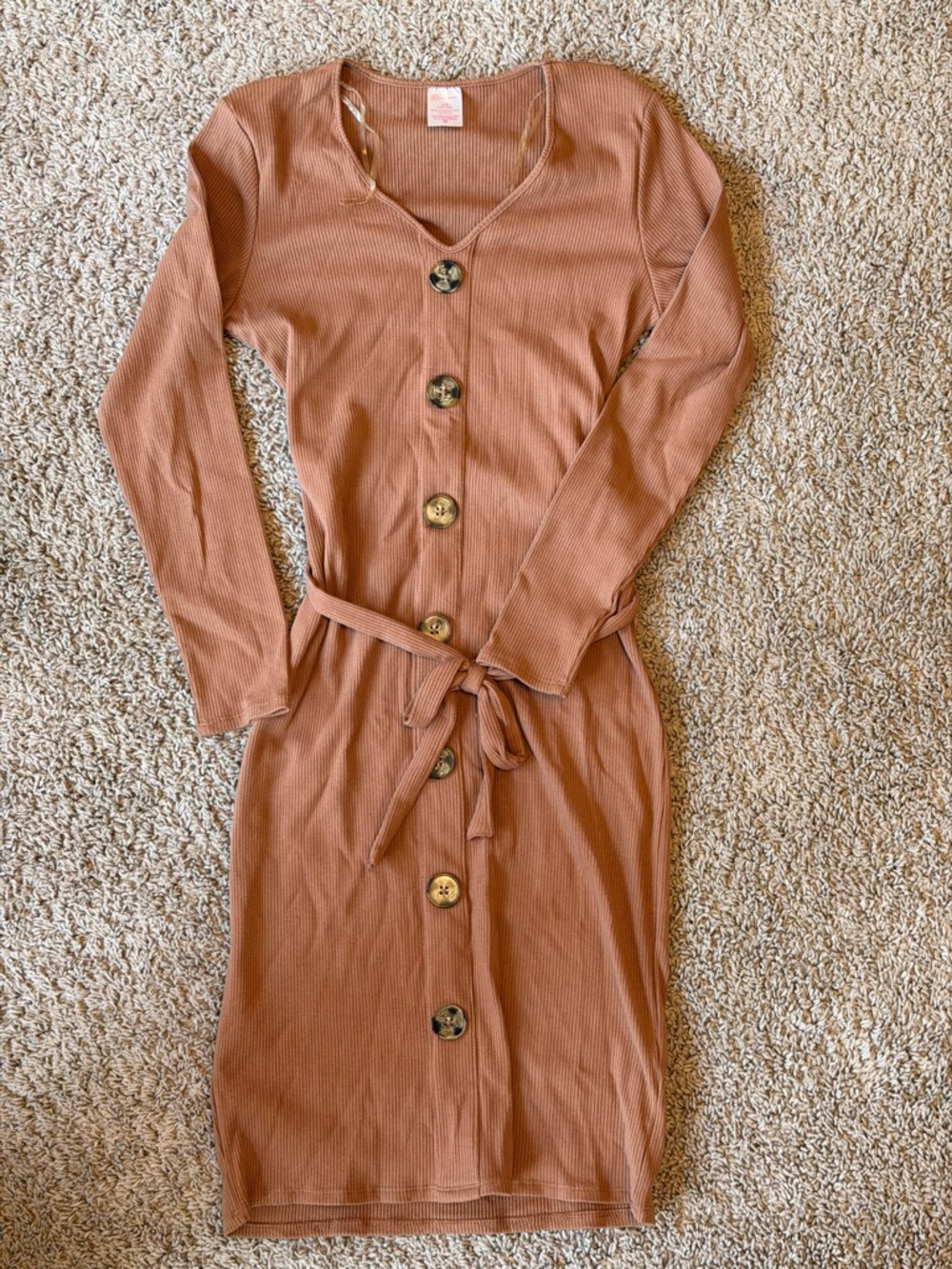 No Boundaries Brown Ribbed Button-Front Long Sleeve Midi Dress - Picture 2 of 8